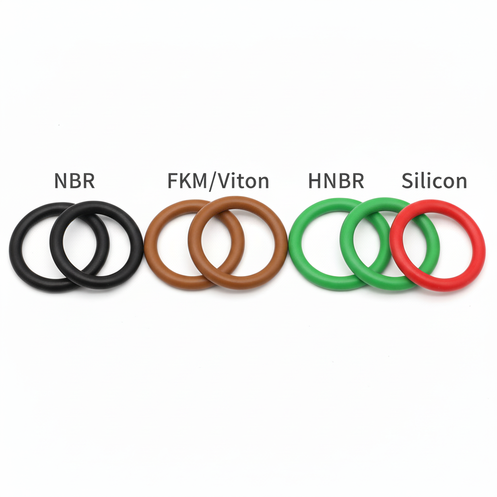 O-ringuri NBR FKM HNBR Silicon grupate cu etichete materiale - fond alb